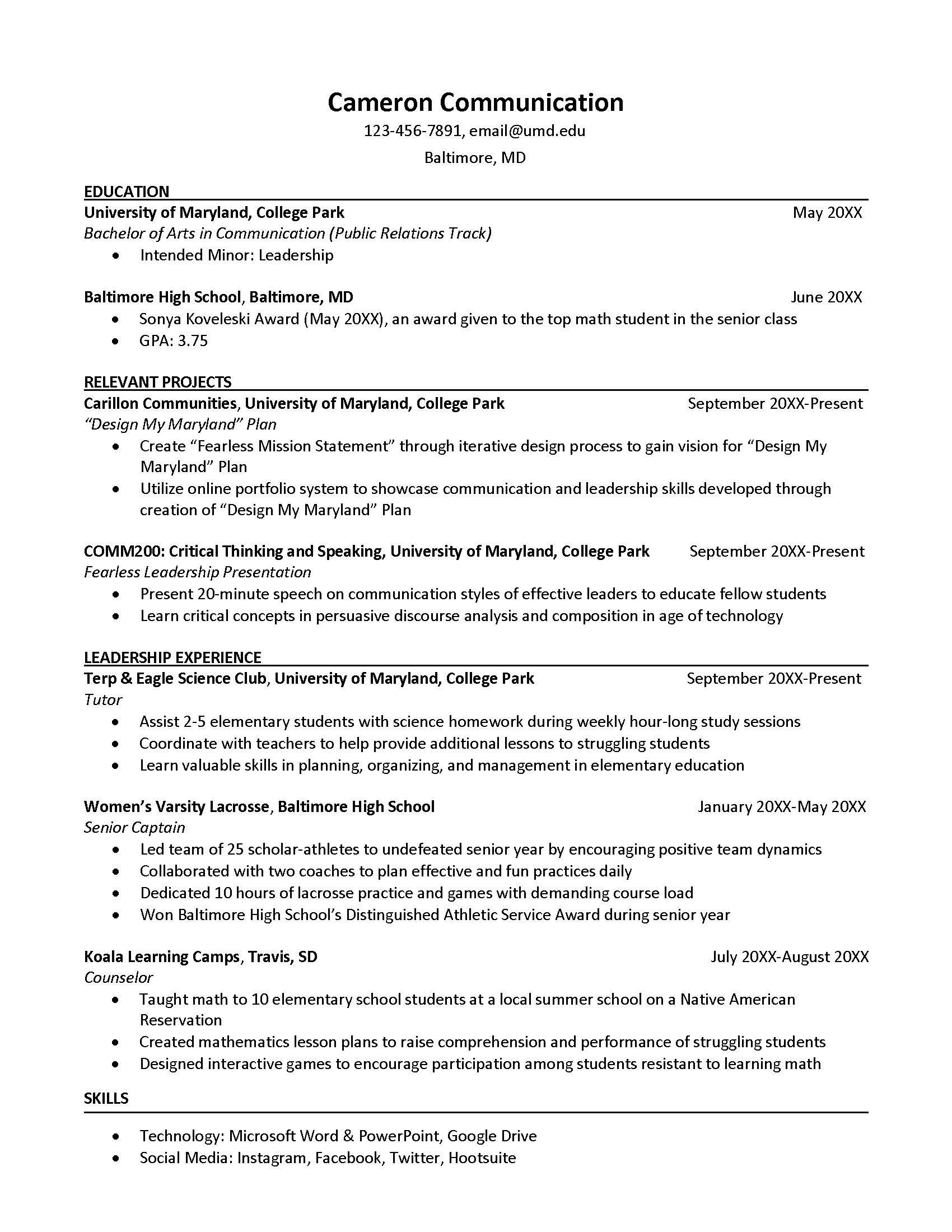 Sample Resumes University Career Center & The President's Promise
